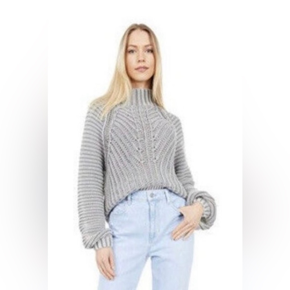 Free People Gray Ribbed Cable Knit Turtleneck Sweater